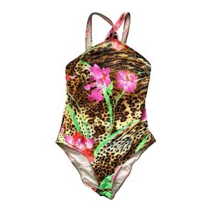 Vintage Leonard Soleil Paris Leopard Floral Print Swimsuit Size IT 40 US 4